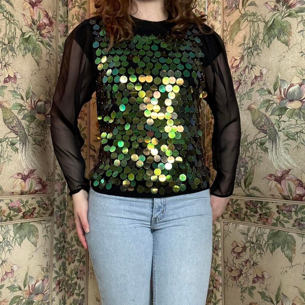 Milano Black Sequin Long Sleeve Top Sheer Sleeves Sparkly Party Blouse Size L